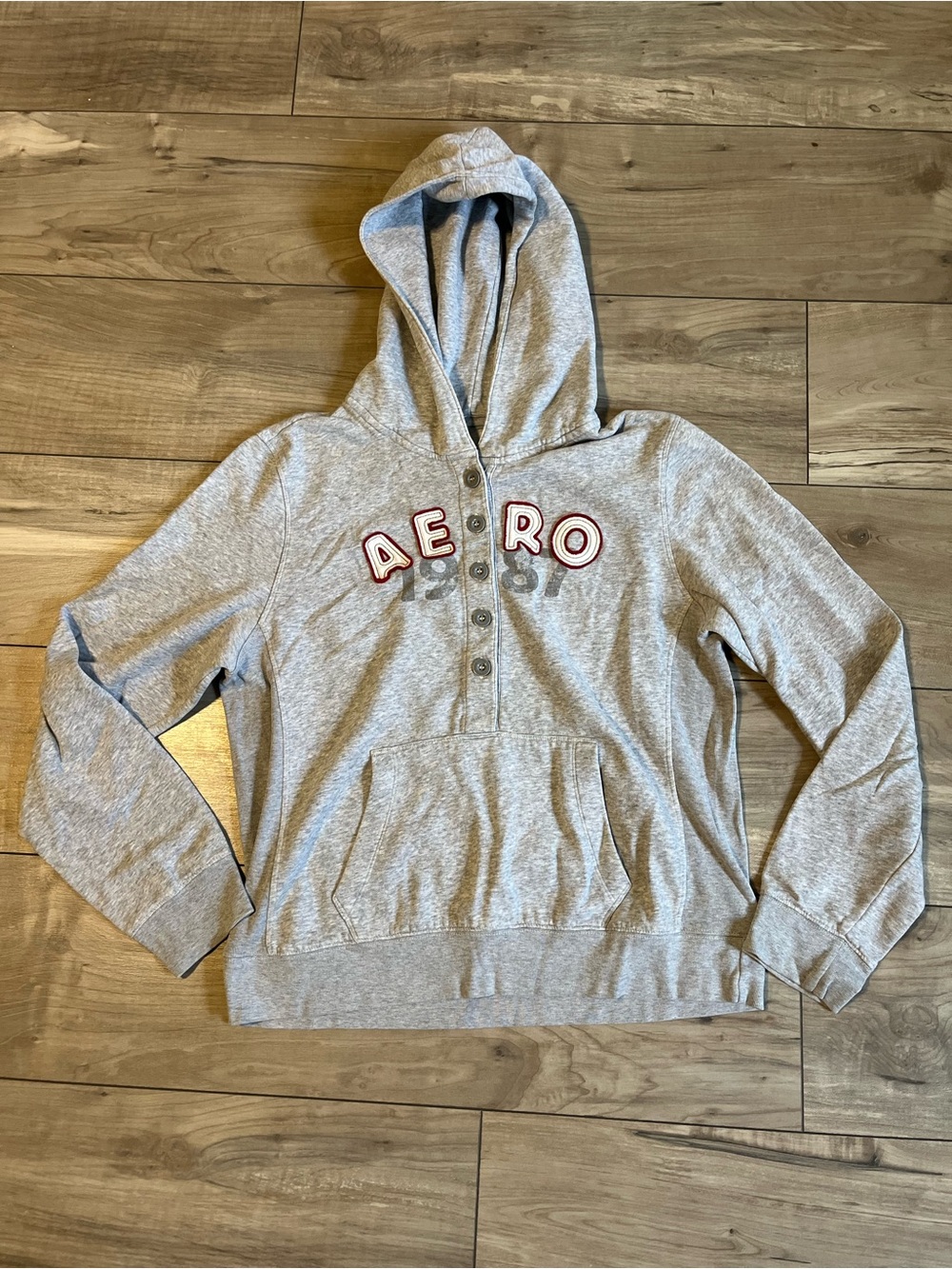 Vintage Y2K Aeropostale Gray Henley Hoodie Sweatshirt Aero 1987 Spellout 2000’s